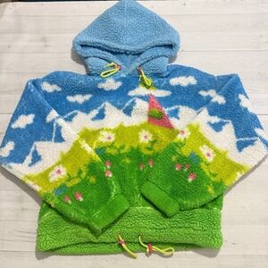 A-Lab Kadley Trippy Landscape Blue & Green Crop Sherpa Hoodie size small